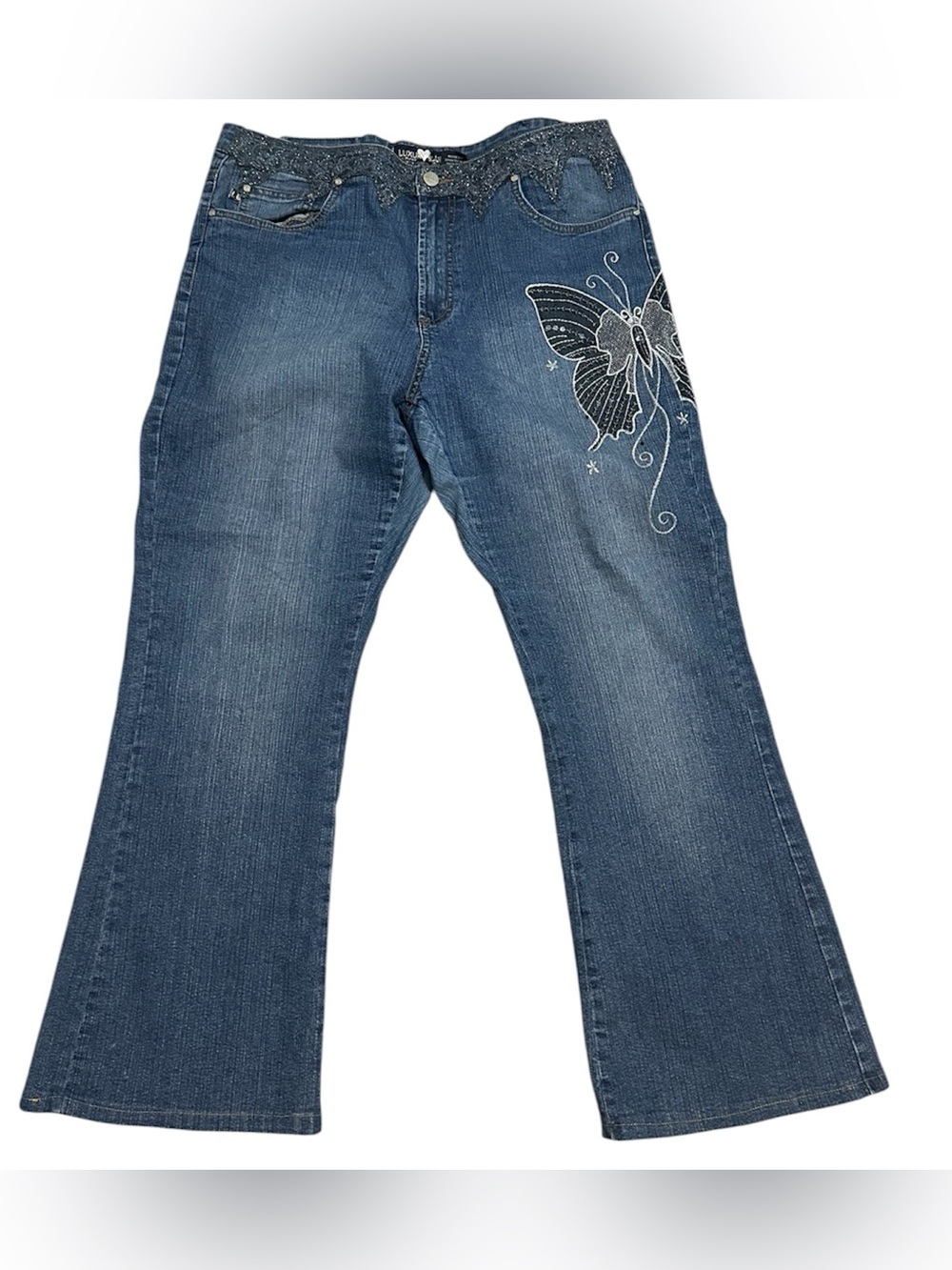 Y2K Luxury Blues Butterfly Rhinestone Bootcut Jeans 22/24 Plus Size Vintage Deni